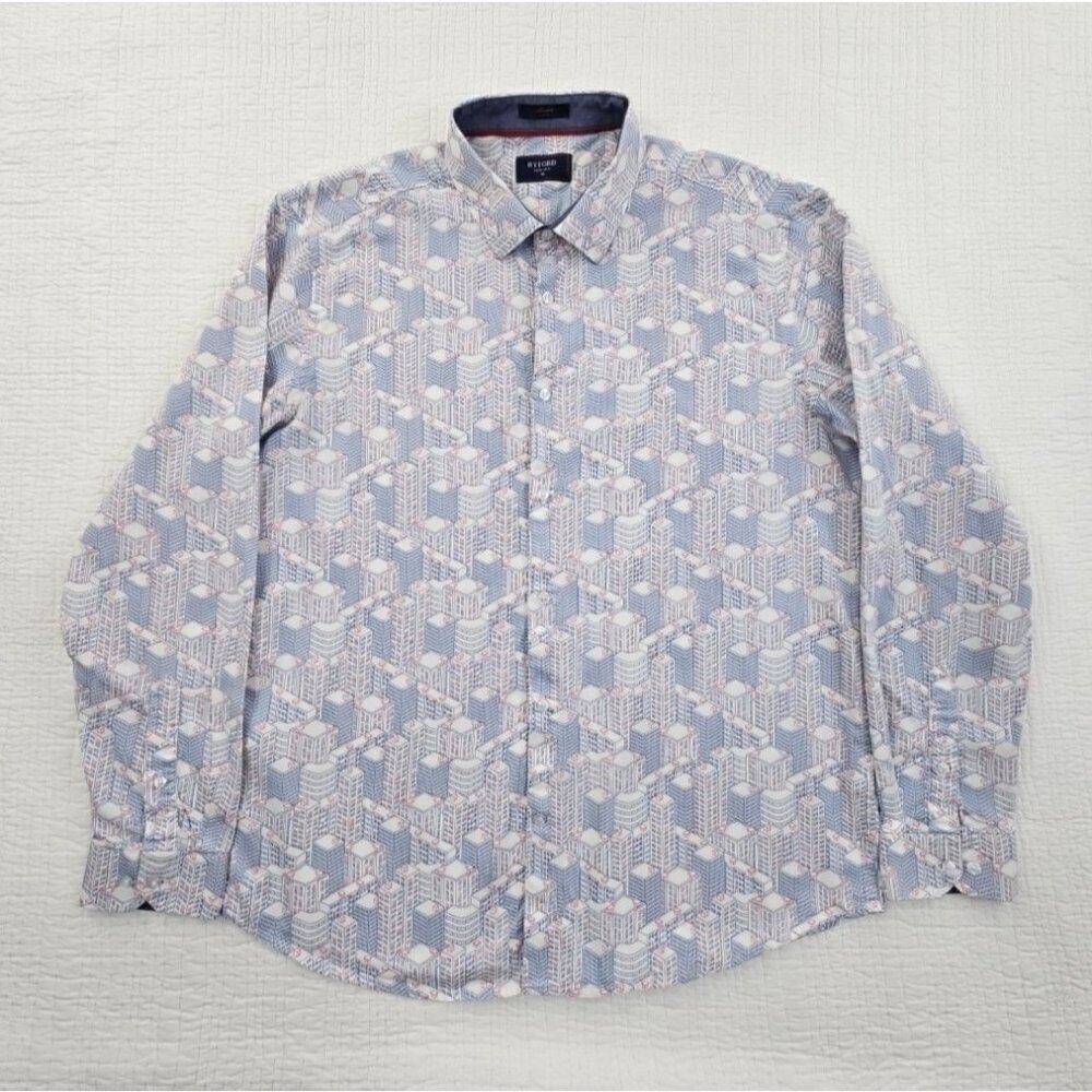 Byford London Shirt Men's XL Blue Architecture AOP‎ Long Sleeve Button Up EUC